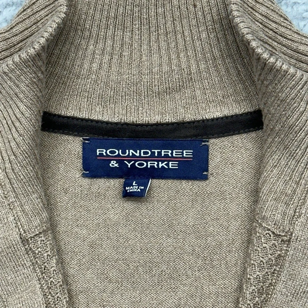 Roundtree & Yorke Mens Large Full Zip Sweater Vest Brown Knit Faux Leather Patch